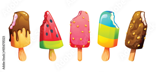 Set of bitten ice cream sticks with chocolate, watermelon, strawberry, and rainbow flavors. Vector cartoon illustration