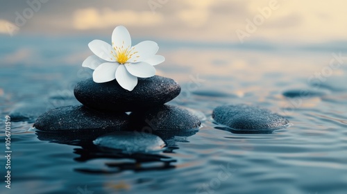 A white flower rests atop a pile of stones surrounded by water