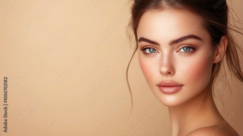 Portrait of a Woman with Perfect Makeup and Hair on Beige Background : Generative AI Portrait of a Woman with Perfect Makeup and Hair on Beige Background : Generative AI