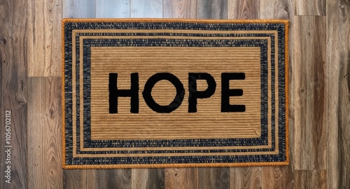 hope text on mat rug in wooden floor background