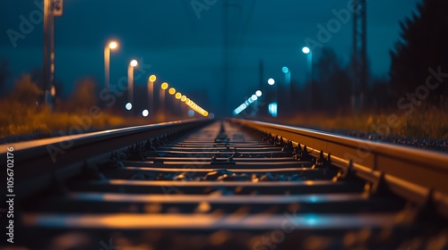 Serene Nighttime Railway Scene with Distant Glowing City Lights : Generative AI