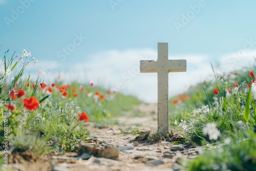 Memorial Day with a battlefield cross against a clear blue sky. photo