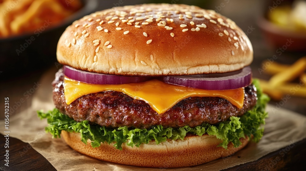 Savory cheeseburger made with fresh ingredients and a flavorful patty ideal for culinary enthusiasts and gourmet settings Savory cheeseburger made with fresh ingredients and a flavorful patty ideal for culinary enthusiasts and gourmet settings