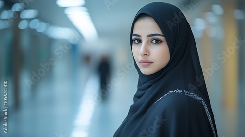 Middle-Eastern Woman in Hijab with Soft Gaze in Modern Hallway Setting : Generative AI