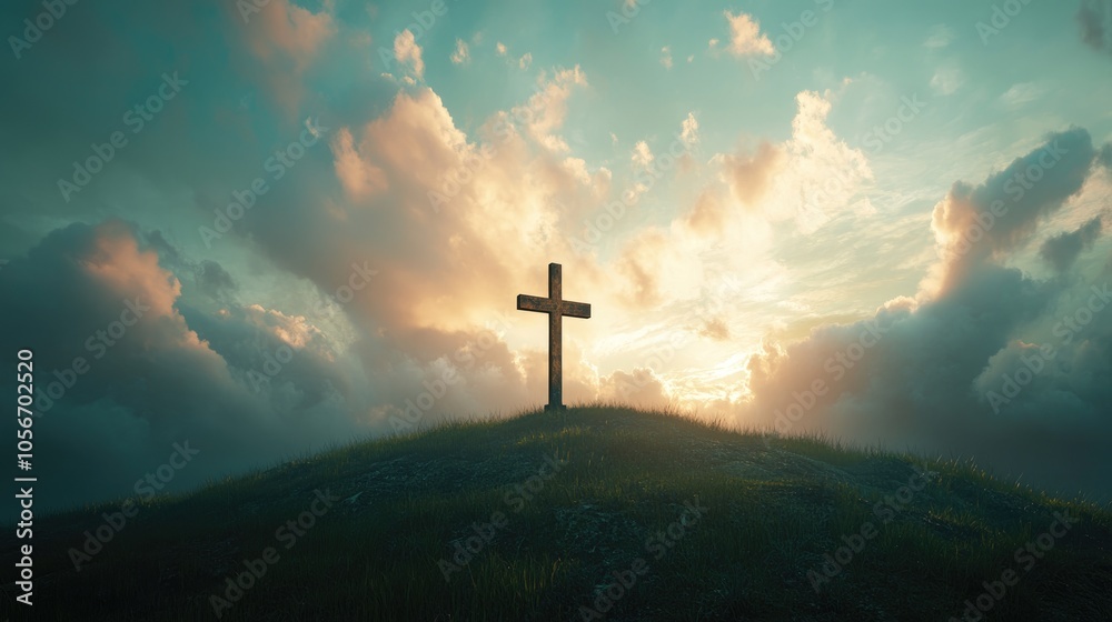 Holy cross representing the death and resurrection of Jesus Christ with a sky filled with light and clouds over a hill Holy cross representing the death and resurrection of Jesus Christ with a sky filled with light and clouds over a hill