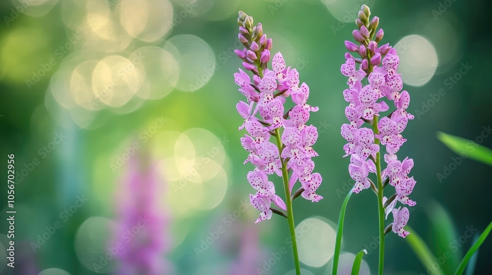 Close up of Early Marsh orchid with pink flowers set against a softly blurred green backdrop Close up of Early Marsh orchid with pink flowers set against a softly blurred green backdrop