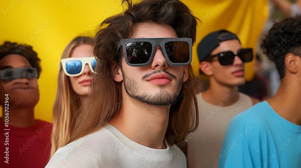 An image of a group of young people wearing vibrant, eclectic outfits that perfectly capture the bold and expressive fashion sense of Gen Z An image of a group of young people wearing vibrant, eclectic outfits that perfectly capture the bold and expressive fashion sense of Gen Z