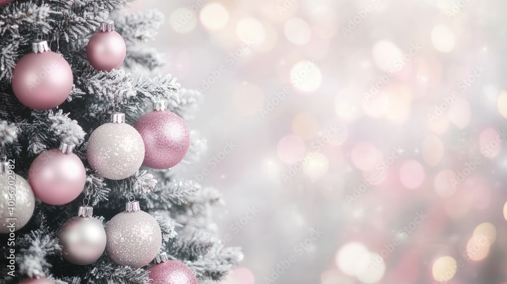 Christmas tree adorned with pink and silver ornaments on a blurred enchanting background featuring stunning bokeh effects and ample copy space in a wide format Christmas tree adorned with pink and silver ornaments on a blurred enchanting background featuring stunning bokeh effects and ample copy space in a wide format