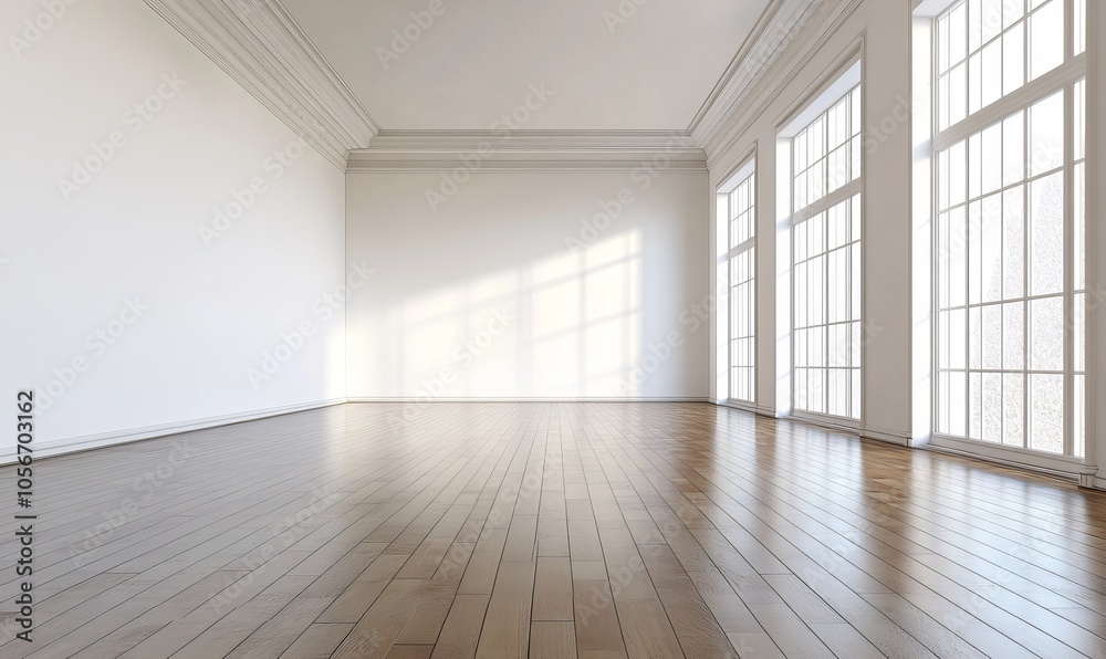 Obraz premium A large, empty room with wooden floors and white walls