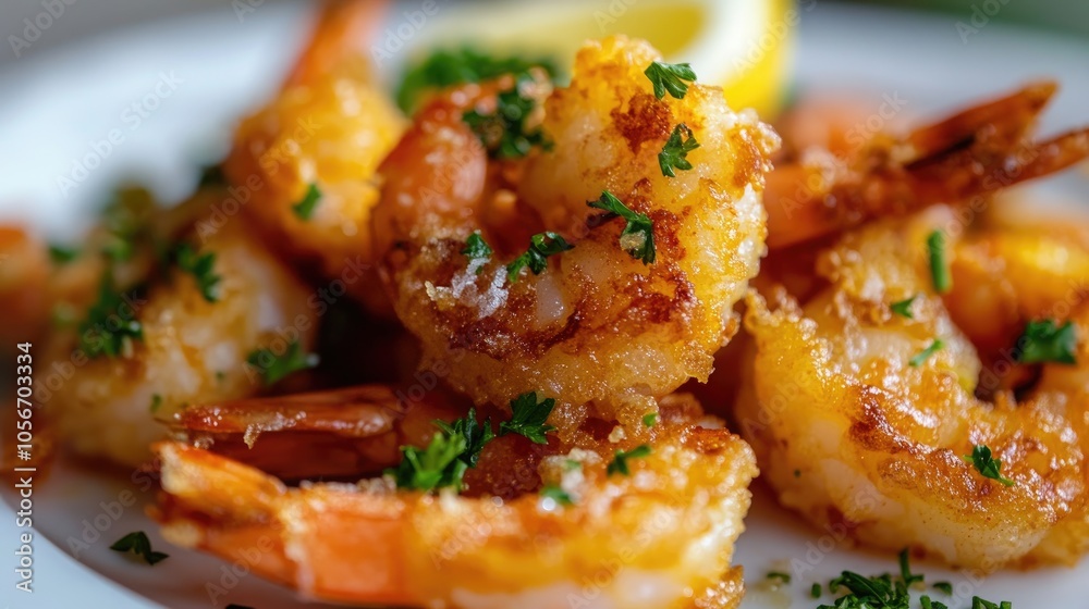 Crispy garlic shrimp garnished with parsley and a splash of lemon Crispy garlic shrimp garnished with parsley and a splash of lemon