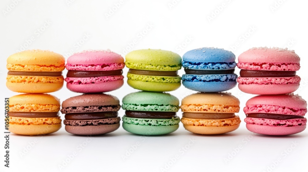 Delicious and vibrant macarons displayed against a white background Delicious and vibrant macarons displayed against a white background
