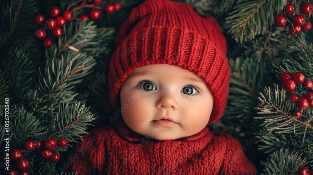 Charming baby wearing a red knit hat amidst festive pine branches and berries embodying the cozy spirit of the holiday season