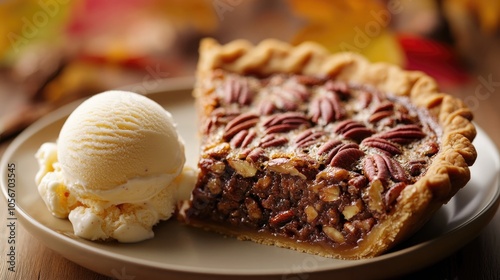 Warm pecan pie with a golden crust paired with a scoop of ice cream perfect for autumn indulgence photo