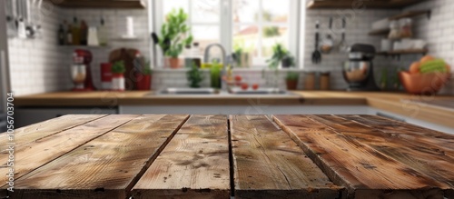 Wooden Table Of Free Space In Blurred Kitchen