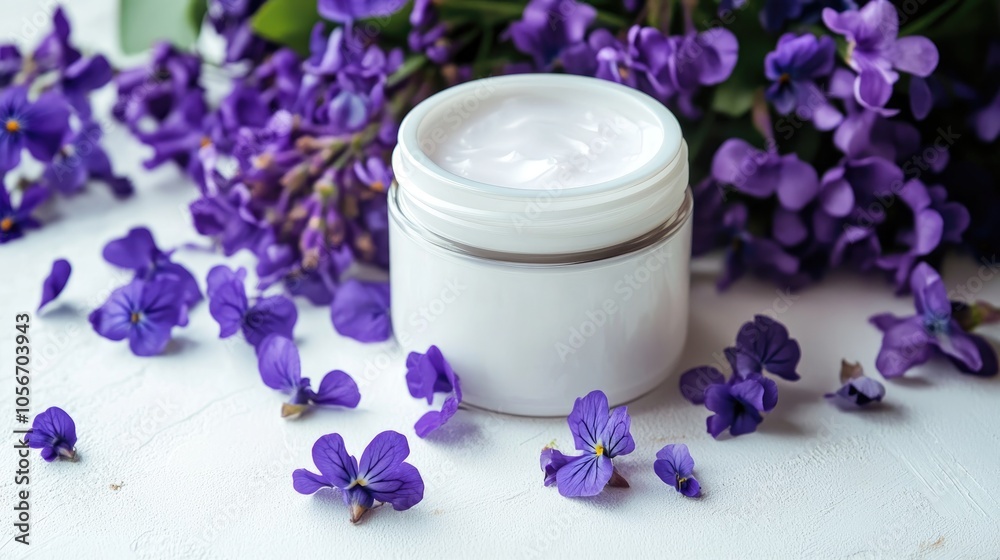 Cream jar accompanied by violet flowers on a white table Cream jar accompanied by violet flowers on a white table