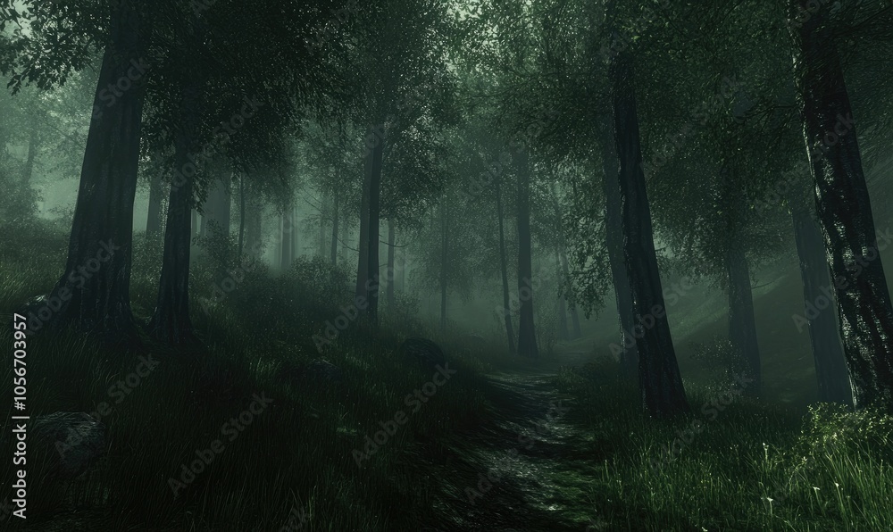 Obraz premium Mysterious Foggy Forest Path with Lush Greenery and Sunlight Filtering Through the Canopy