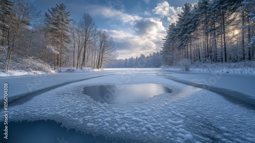 Partially Frozen Lake Surrounded by Snowy Trees in Winter photo