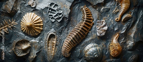 Fossil Sealife Closeups Arranged On A Dark Background