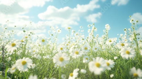 Chamomile flower field in a natural setting on a sunny day