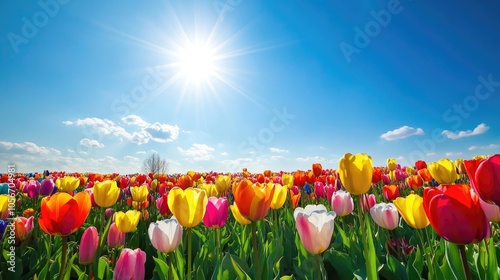 Vast panorama of a colorful tulip field in full bloom bathed in sunlight with bright sunbeams and a clear blue sky above