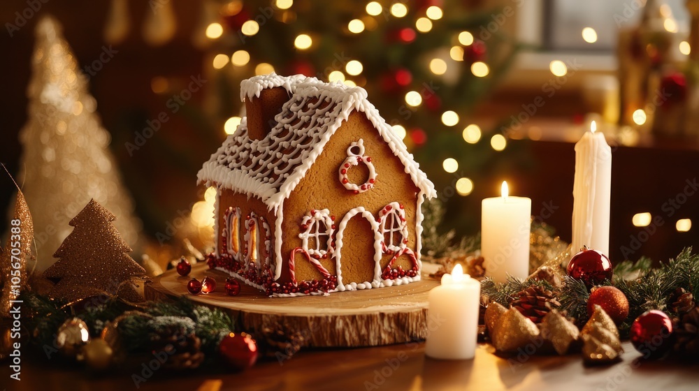 Gingerbread house adorned with icing positioned on a table surrounded by candles and festive decorations creating a cheerful holiday atmosphere Gingerbread house adorned with icing positioned on a table surrounded by candles and festive decorations creating a cheerful holiday atmosphere