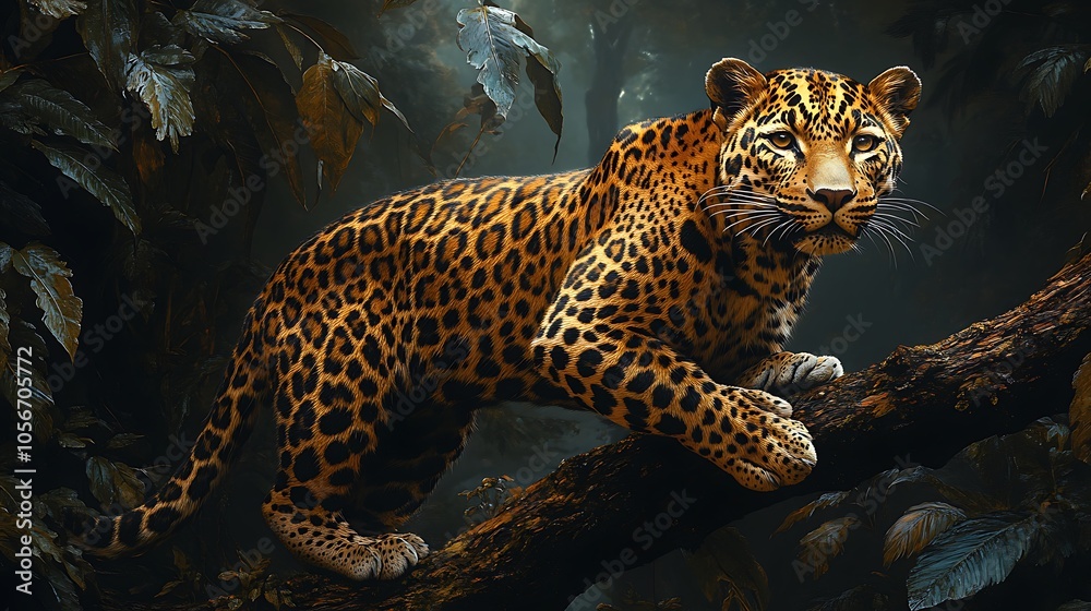 A majestic leopard with a powerful stare, perched on a tree branch in a dense, tropical jungle. A majestic leopard with a powerful stare, perched on a tree branch in a dense, tropical jungle.
