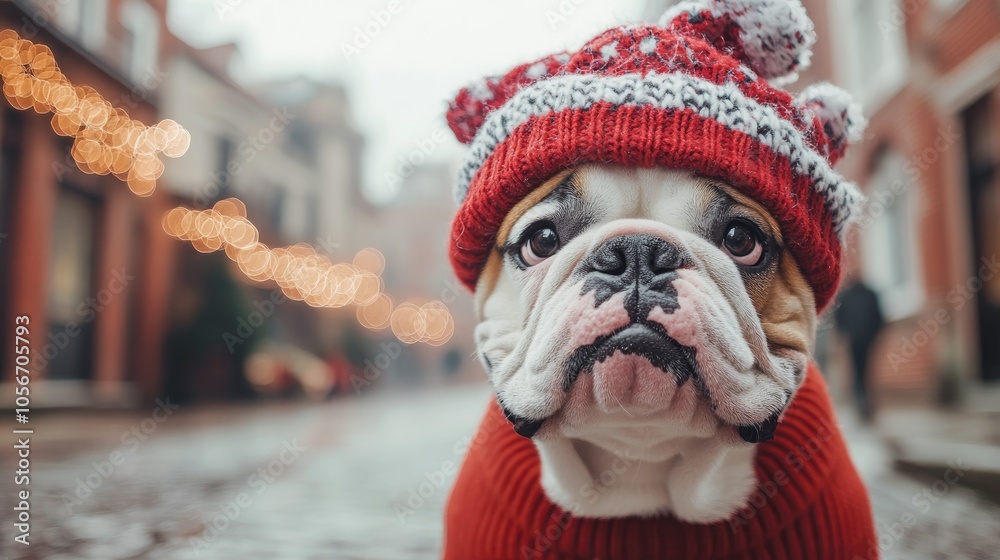English bulldog wearing a festive hat on a decorated street during the holiday season English bulldog wearing a festive hat on a decorated street during the holiday season