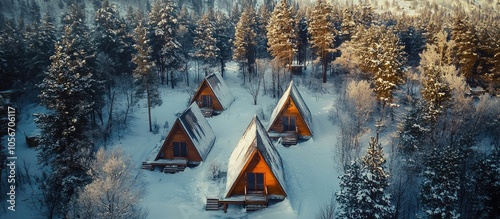 Aerial View Of A Frame Cabins On Hill In The Winter Park