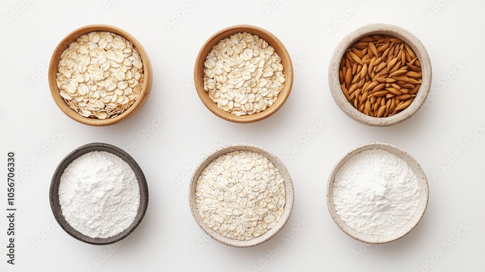 Top view of oat ingredients including dry flakes flour whole grains and a non dairy milk alternative Represents healthy organic and vegetarian food options Top view of oat ingredients including dry flakes flour whole grains and a non dairy milk alternative Represents healthy organic and vegetarian food options