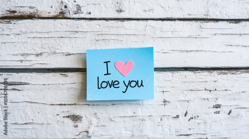 Blue sticky note with the message I love you placed on a textured white wooden surface Blue sticky note with the message I love you placed on a textured white wooden surface