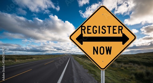 register now text on road sign with clouds and sky background