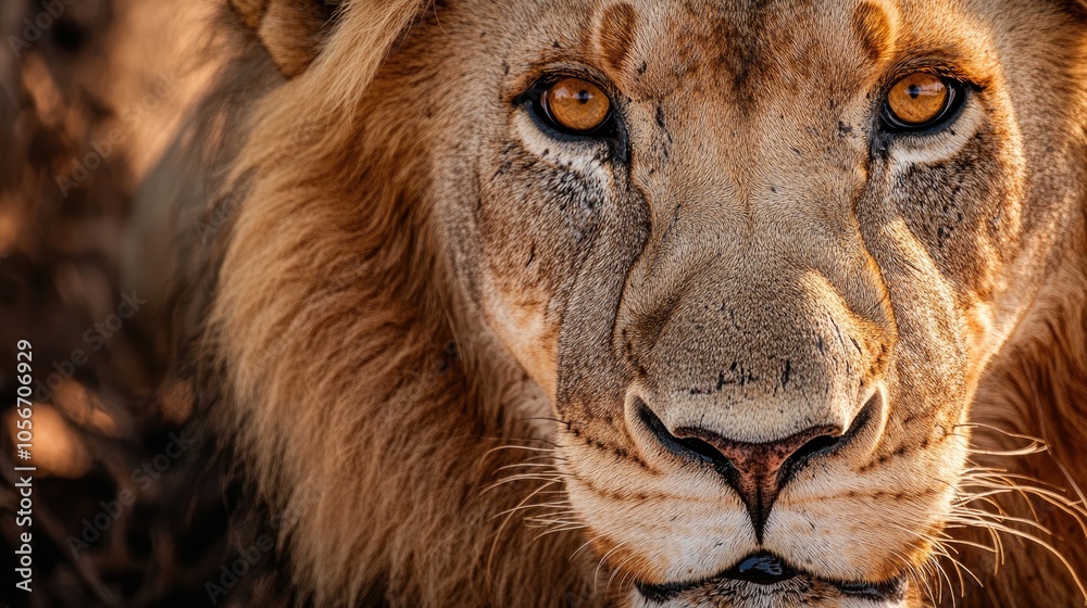 Obraz premium Close up portrait of a majestic lion embodying the essence of wilderness royalty Intense gaze of this apex predator showcases its powerful and striking beauty A stunning encounter