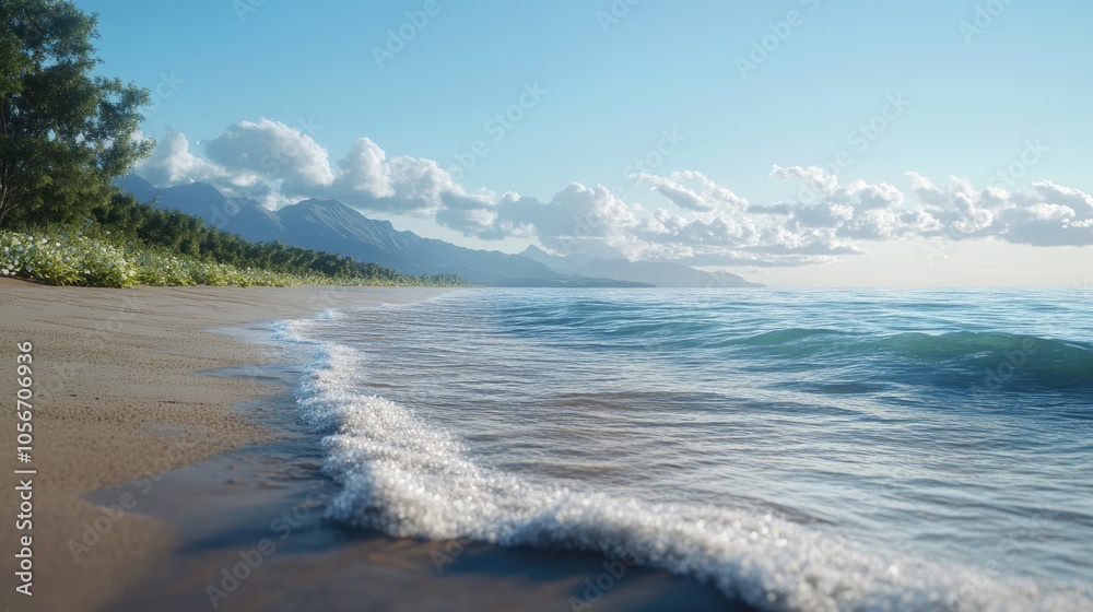 Gentle waves caressed the shore creating a serene summer atmosphere Gentle waves caressed the shore creating a serene summer atmosphere