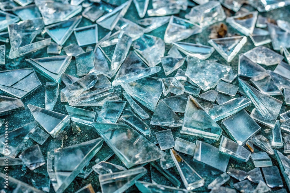 Intricate patterns of broken glass shards scattered on the ground, creating a sense of disorientation and unease, misty atmosphere, broken glass Intricate patterns of broken glass shards scattered on the ground, creating a sense of disorientation and unease, misty atmosphere, broken glass