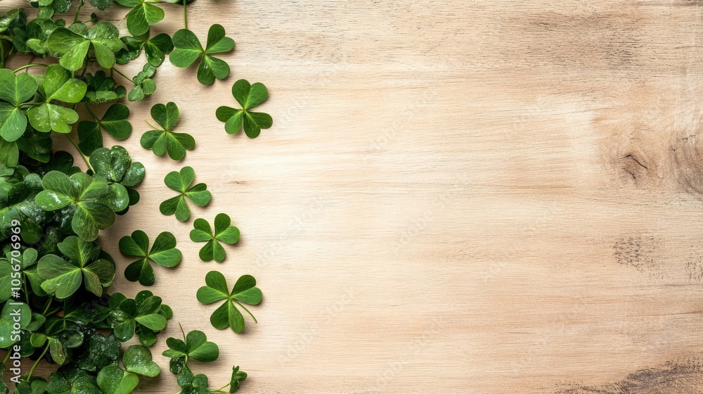 St Patrick s Day backdrop featuring a green shamrock on a light wooden surface from a top perspective