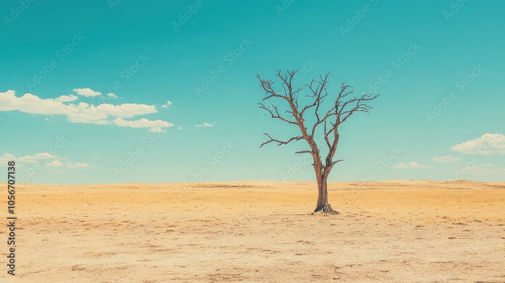 A barren desert scene with a solitary dead tree rising against the dry landscape representing harsh arid conditions A barren desert scene with a solitary dead tree rising against the dry landscape representing harsh arid conditions