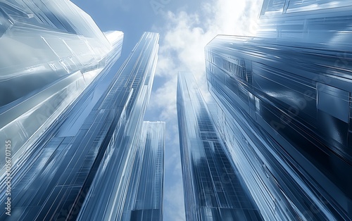 Futuristic Glass Skyscrapers in Cityscape with Blue Skies and Reflection : Generative AI