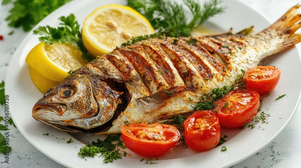 Crispy grilled fish garnished with lemon fresh tomatoes and a blend of aromatic herbs