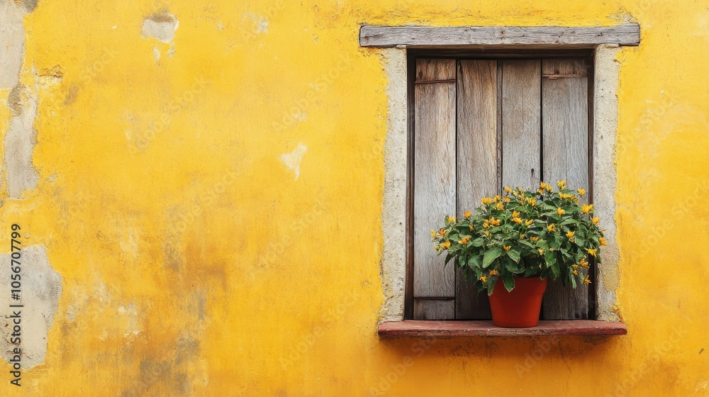 Abstract yellow concrete wall with a potted plant and a rustic wooden window Abstract yellow concrete wall with a potted plant and a rustic wooden window