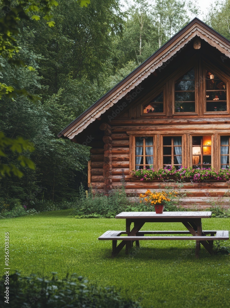 Log cabin with green lawn and picnic table in summer Log cabin with green lawn and picnic table in summer