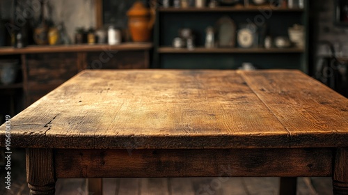 Rustic Oak Table in Ambiently Lit Antique Store Environment with Empty Space for Text