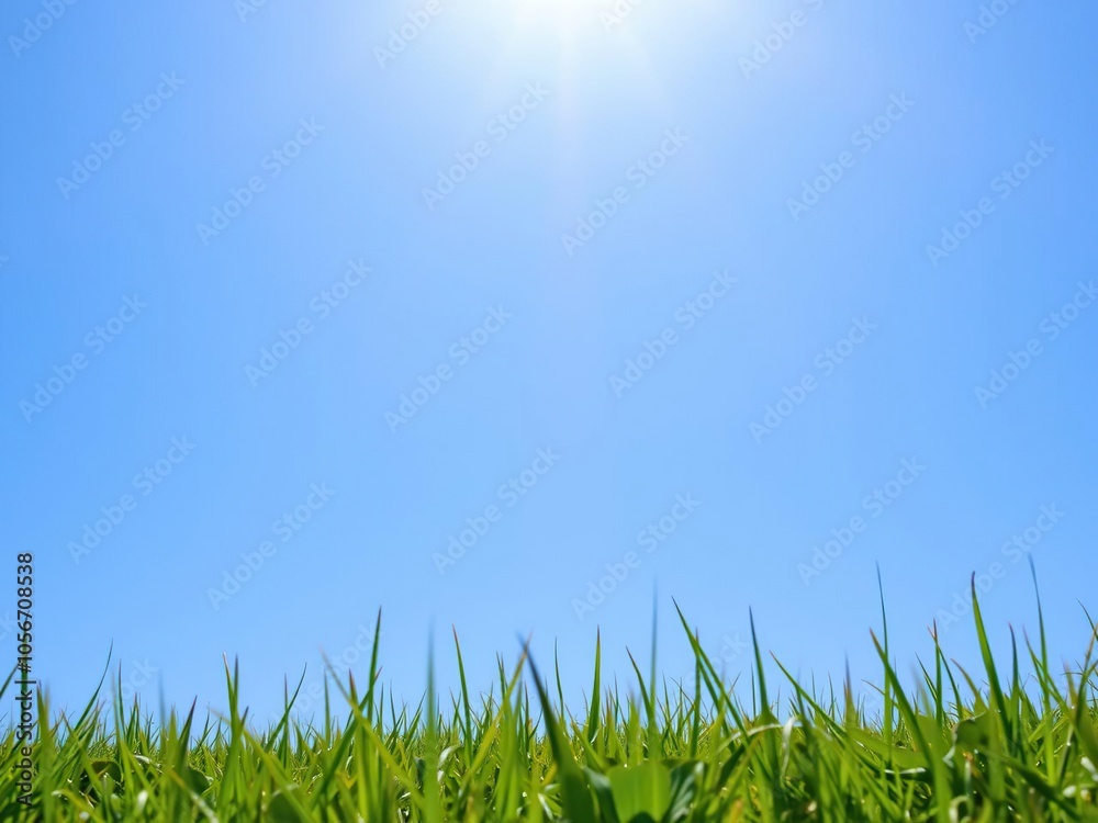 Fototapeta premium Lush green grass under a bright sun in a clear blue sky, nature, day, blue sky