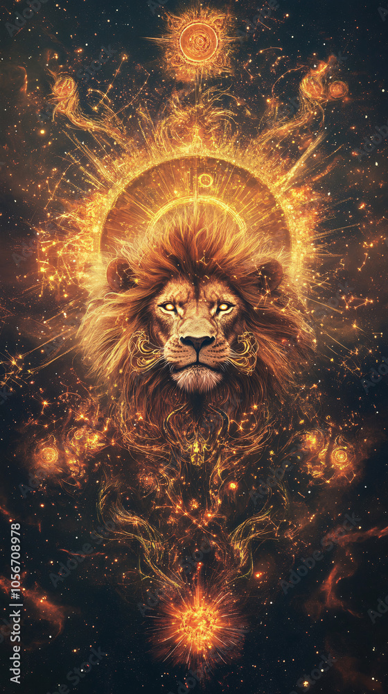 sign of the zodiac leo - portrait of a lion in a colorful universe with some galaxies and stars
