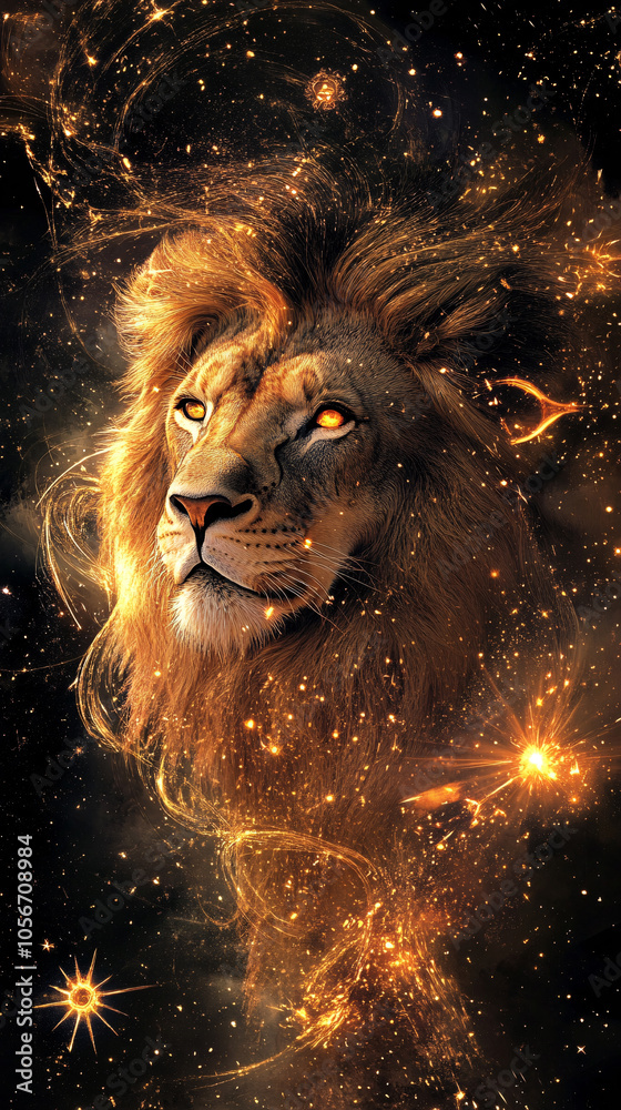 Naklejka premium sign of the zodiac leo - portrait of a lion in a colorful universe with some galaxies and stars 