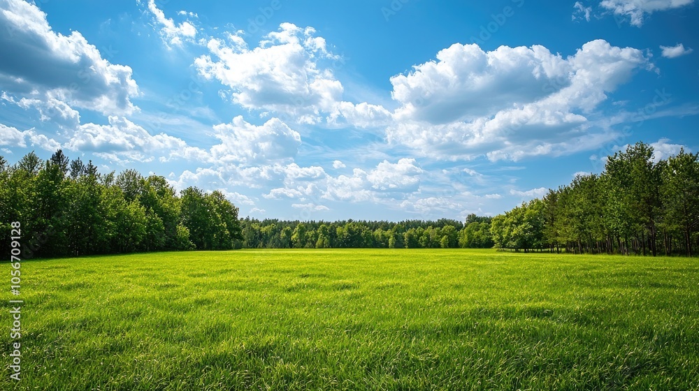 Fototapeta premium Green Meadow Among Trees Under Sky With White Clouds
