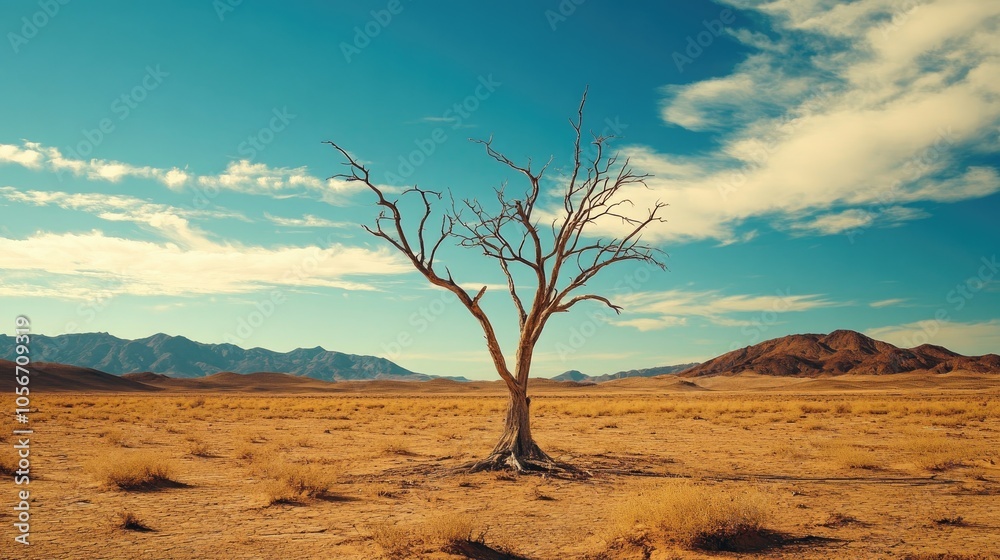 A barren desert scene with a solitary dead tree rising against the dry landscape representing harsh arid conditions A barren desert scene with a solitary dead tree rising against the dry landscape representing harsh arid conditions