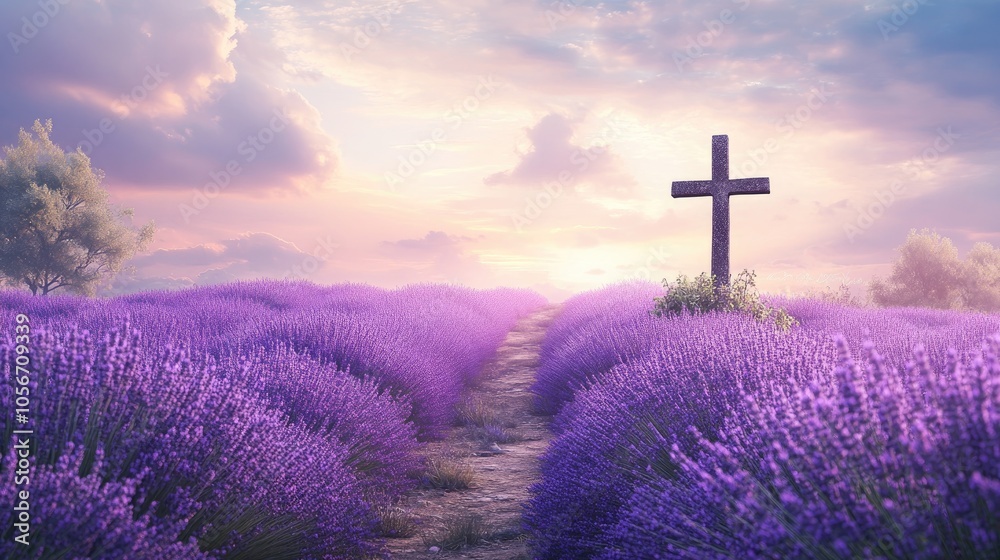 Tranquil Cross in a Lush Lavender Field Serene and Spiritual Landscape Tranquil Cross in a Lush Lavender Field Serene and Spiritual Landscape