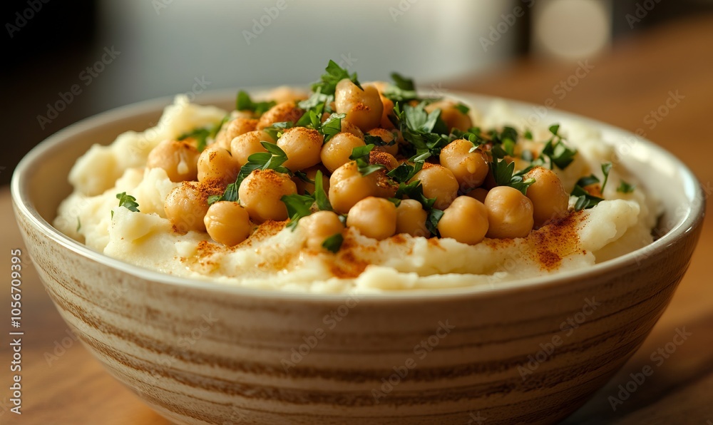 A bowl of mashed potatoes and chickpeas with parsley on top
