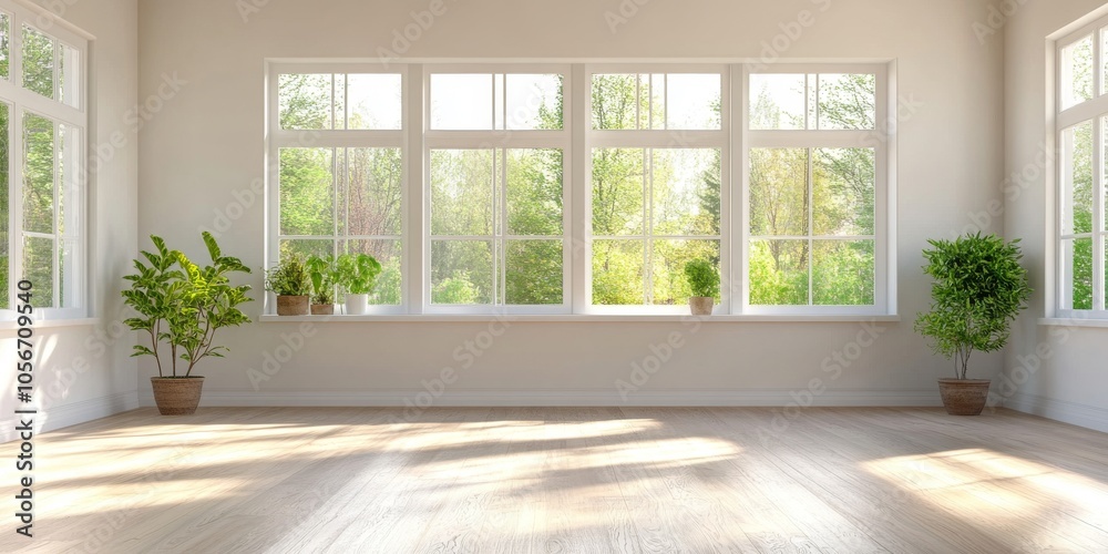 Sunlit room with large windows, wooden floor, and indoor plants creating a serene and airy atmosphere. Sunlit room with large windows, wooden floor, and indoor plants creating a serene and airy atmosphere.