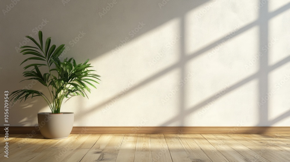 Empty room featuring a wooden floor with a plant pot positioned against the wall offering ample empty space for background usage
